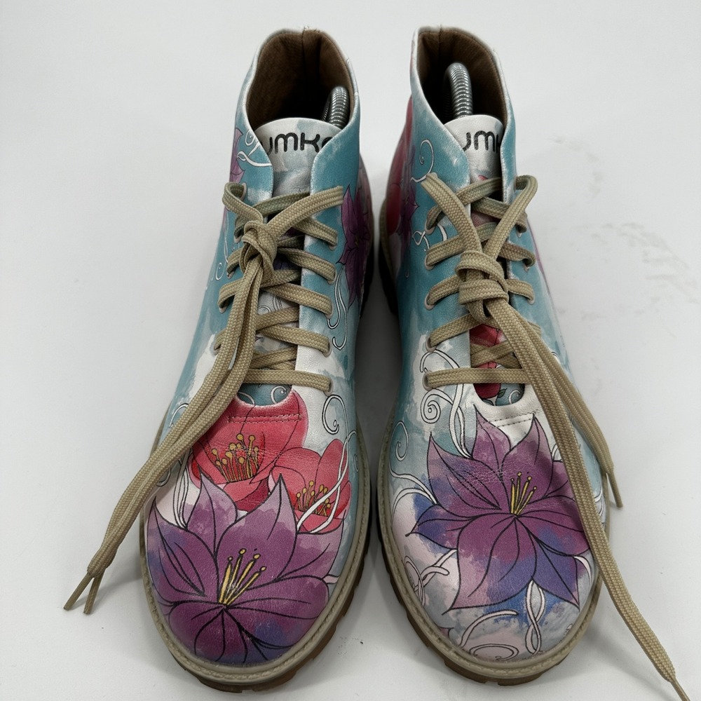 Mumka Floral Ankle Boots Watercolor Print Lace Up Lug Sole 41 Cottagecore Garden - Picture 6 of 10
